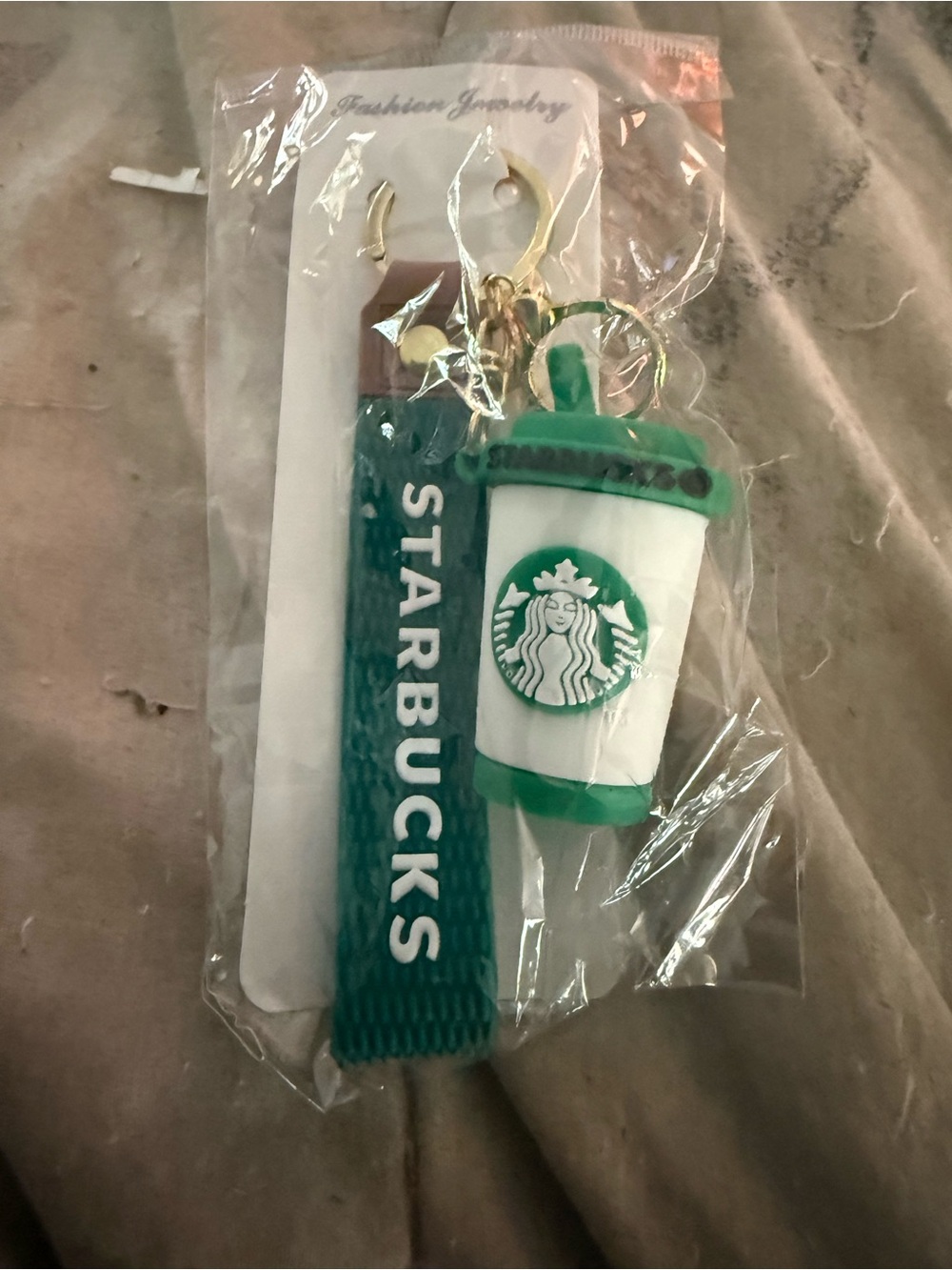 Starbucks Green and White Cup Keychain with Green Logo Strap